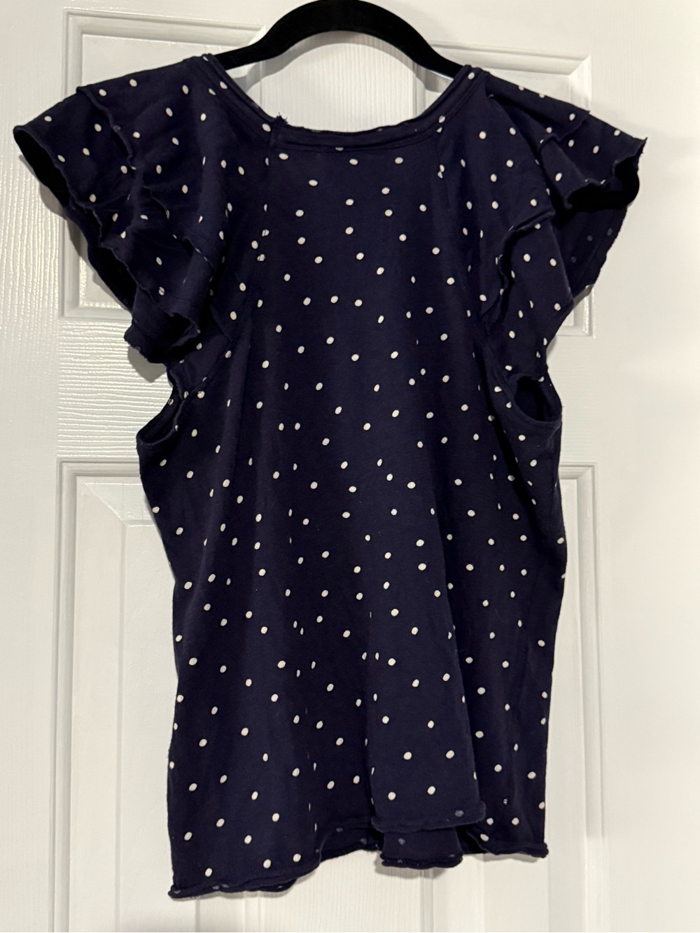 Anthropologie Navy Polka Dot Ruffle-Sleeved Tee - Picture 4 of 5
